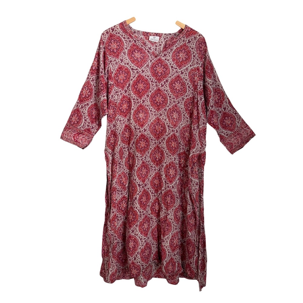 Anokhi Block Print Kurta Tunic Dress Womens XXL Pink Paisley Gauzey Cotton Boho